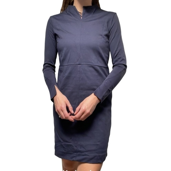 🥒 COS Navy Blue Long Sleeve Business Casual Slit Detail Sheath Mini Dress Small - Picture 1 of 12